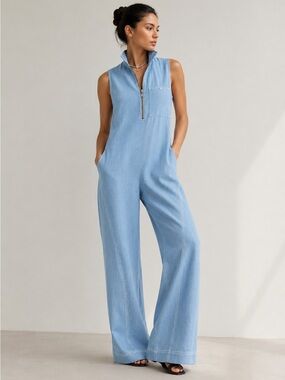Baby Blue Cotton Linen Bohemian Contrast Stitch Wide Leg Jumpsuit Women Chic